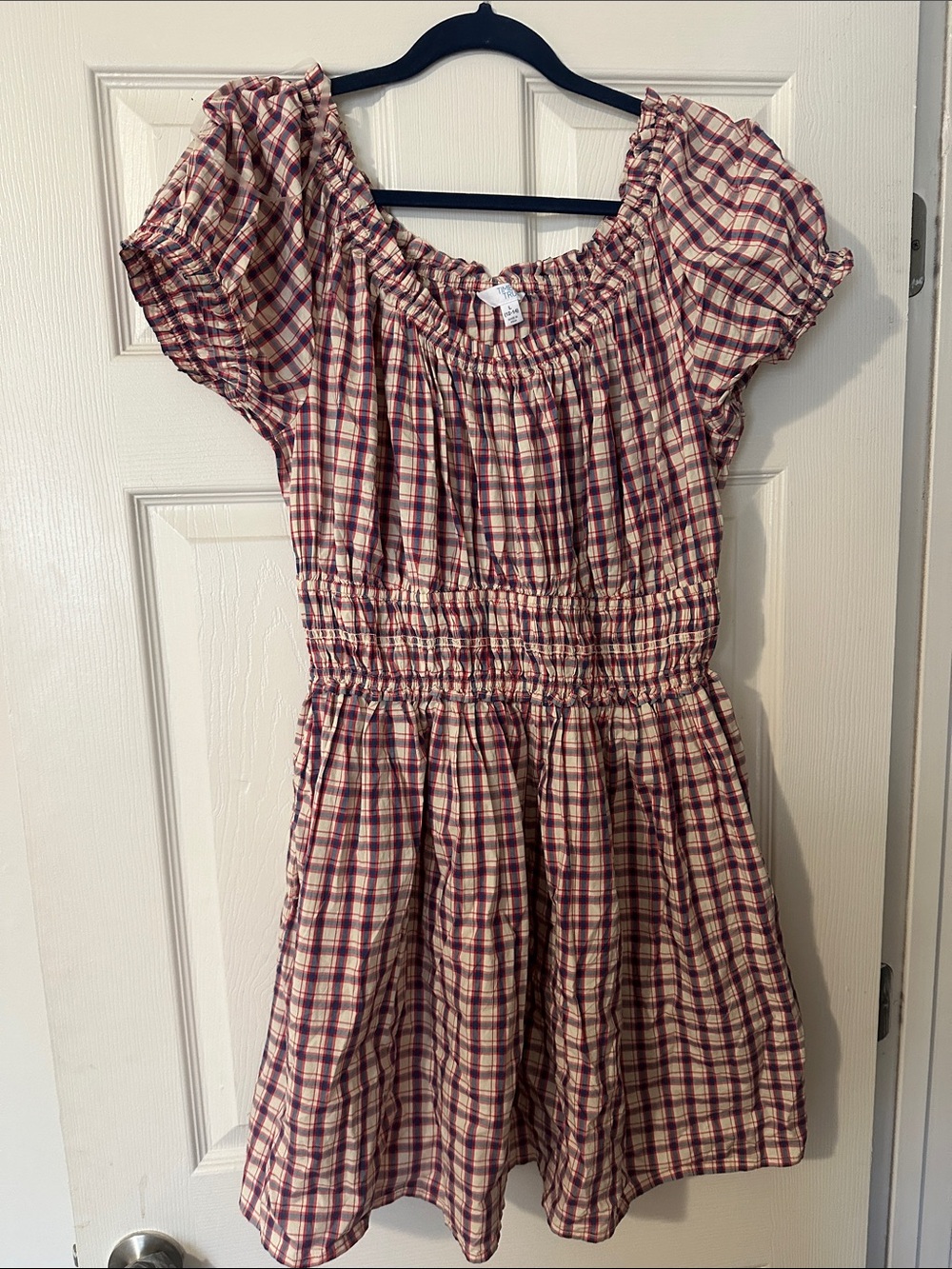 Smocked Waist Plaid Dress in Beige and Burgundy